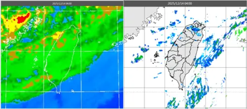 ▲14日清晨4時紅外線雲圖顯示（左圖），台灣上空的雲層南移消散中。圖右4時雷達回波合成圖顯示，雲層所伴隨的降水回波亦逐漸南移消散。（圖／吳德榮提供）