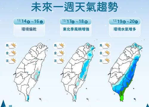 ▲本周前期水氣少，降雨範圍侷限，不過周五、周六南方雲系北移，降雨範圍擴大。（圖／中央氣象署cwa.gov.tw）
