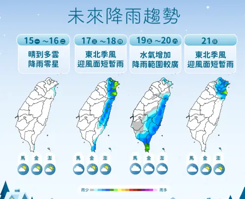 ▲氣象署提醒，周三水氣增多，北東開始降雨，周五、周六南方水氣北移，降雨範圍擴大。（圖／中央氣象署cwa.gov.tw）