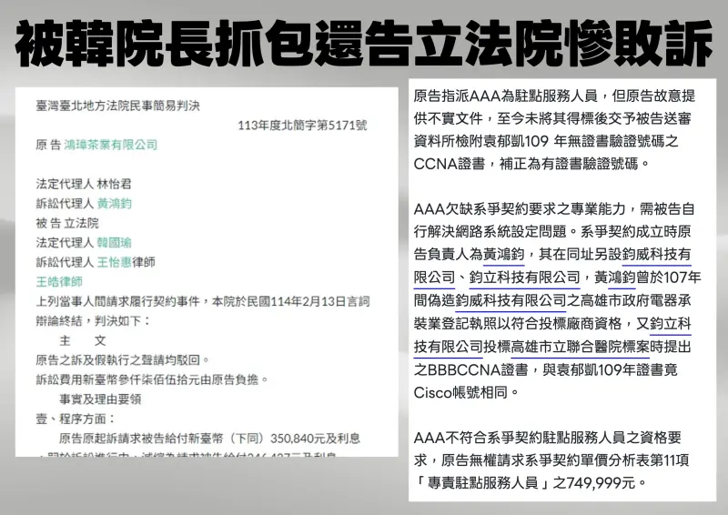    ▲該茶葉公司還提告過立法院長韓國瑜敗訴。（圖／王鴻薇辦公室提供）  