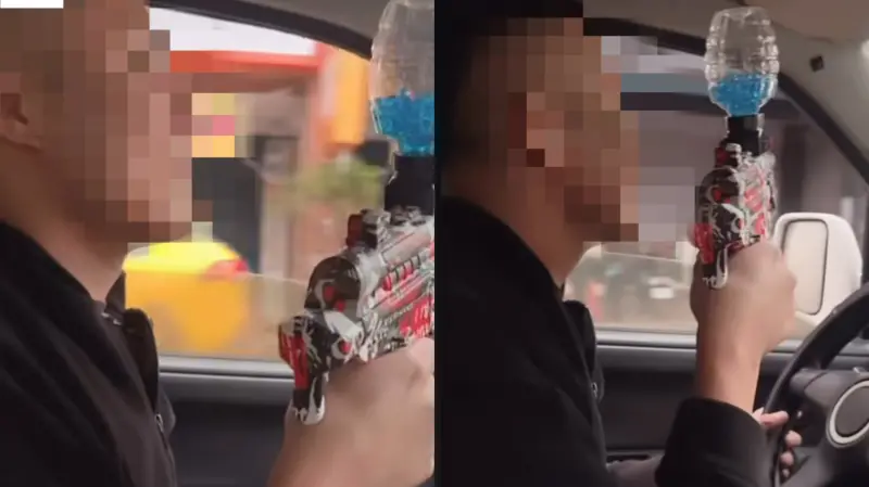 ▲一名34歲的蔡姓男子一邊開車一邊用水槍射，畫面全被一旁的女子PO上網。（圖／翻攝自threads.meme.story）