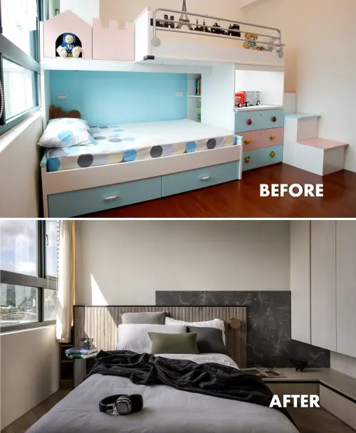 ▲廖盈婷兒子「轉大人」，歐德設計師將繽紛童趣的城堡房，升級為沉穩敞亮、收納學習機能兼具的青少年房。