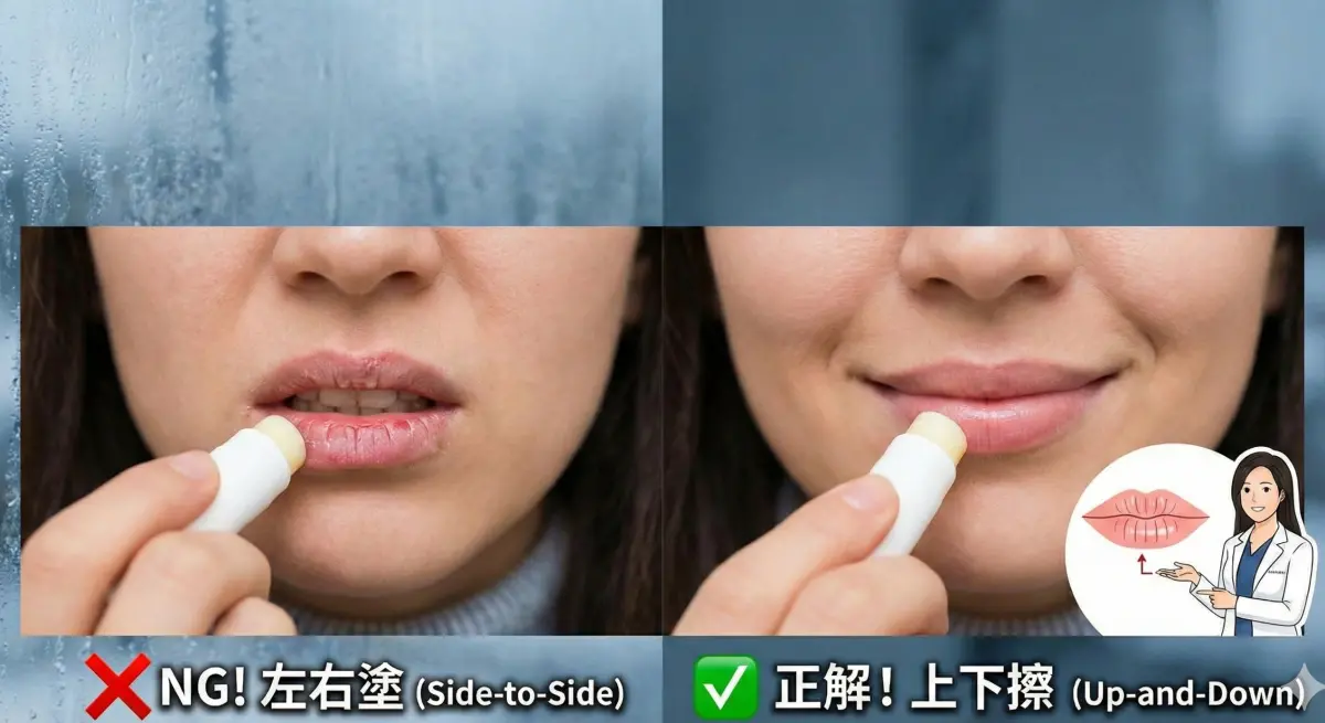 ▲冬天嘴唇乾、脫皮，許多人習慣「左右橫塗」護唇膏其實錯了，皮膚科醫師指出，要順著唇紋「上下擦」才正確。（示意圖／Gemini AI生成）