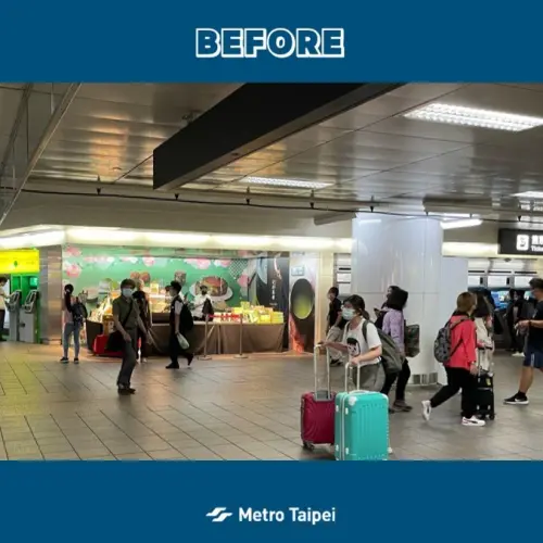 ▲北捷公司將北車快閃櫃改造成售票區整合區域，將散落在北車各處的售票機整合，一次把高鐵售票機、ATM、捷運售票機、悠遊卡機台通通都放在一起。（圖／台北捷運Metro Taipei）