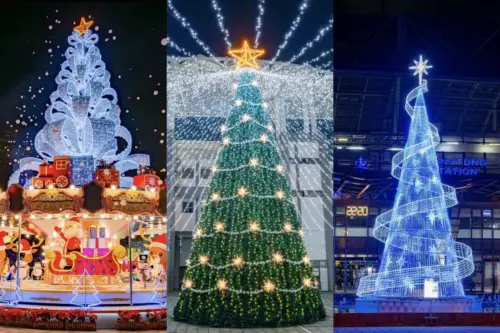 ▲2025屏東聖誕節以「聖誕村」為主題，打造3棵具備童趣、冰雪、奇幻風格聖誕樹，在屏東公園、屏東車站展出。（圖／屏東聖誕節官網 amazing-pingtung.com/ptcm）