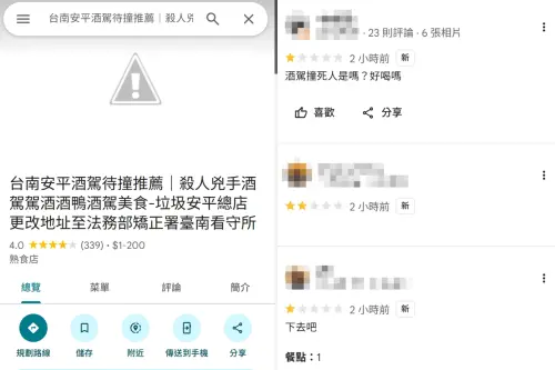 ▲安平知名鹽酥鴨「扒趴鴨」老闆酒駕撞死清潔員，事後Google評論遭網友灌爆1星負評，店家也緊急將臉書、IG關閉。（圖／翻攝Google地圖）