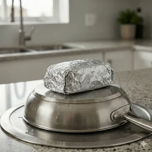 ▲平底鍋底部放上包著鋁箔紙的肉，可以加速解凍。（圖／AI生成）