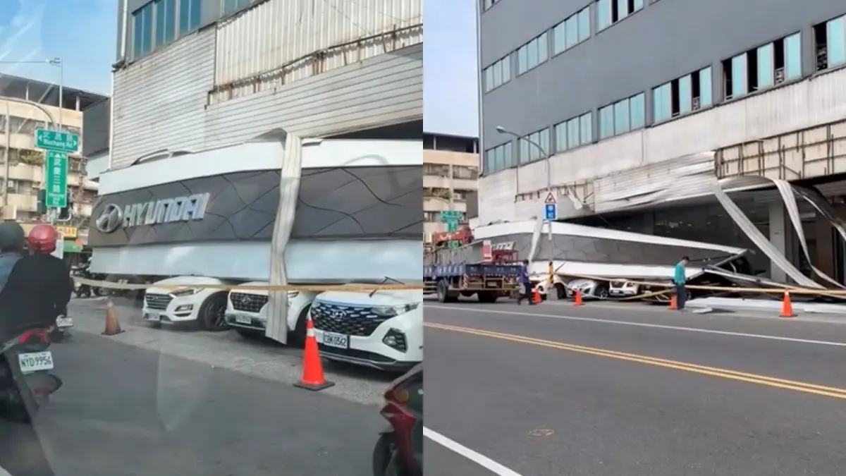 ▲高雄進口車商巨型招牌掉落。（圖／翻攝記者爆料網）