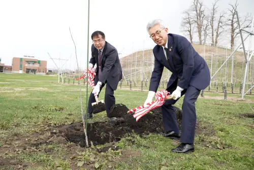 ▲今年4月黃偉哲造訪弘前, 與櫻田宏市長一起種下祈願友好的蘋果樹。（圖／南市府提供）