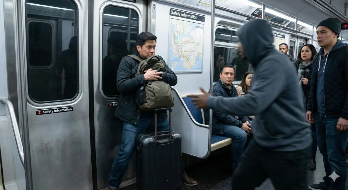 ▲搭捷運遇到隨機攻擊時，警方指出隨身包包、雨傘就是保命盾牌。（示意圖／Gemini AI生成）