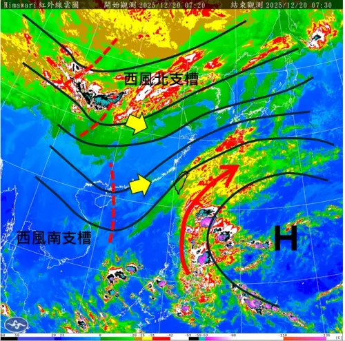 ▲南支槽的影響今天（20日）下半天到晚間會逐漸告一段落。（圖／取自「天氣職人-吳聖宇」FB）