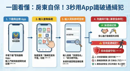 ▲一圖看懂，房東自保，3秒用警政服務App識破通緝犯。（圖／Gemini AI生成）