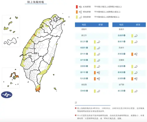 ▲氣象署發布「陸上強風特報」，尤其臺中市、彰化縣、屏東縣、澎湖縣要注意陣風達11級以上。（圖／中央氣象署cwa.gov.tw）