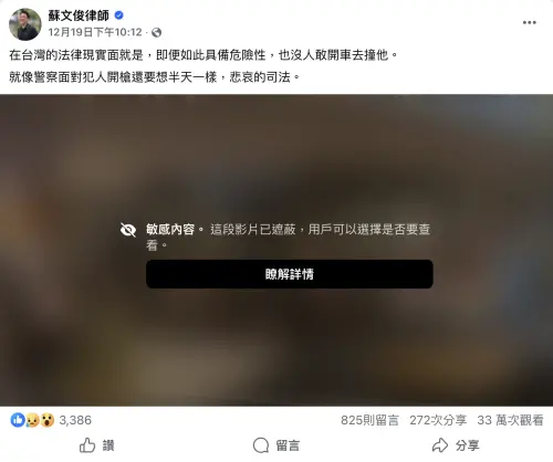 ▲律師蘇文俊在臉書發文，感嘆台灣司法螺絲鬆動。（圖／蘇文俊律師 臉書）