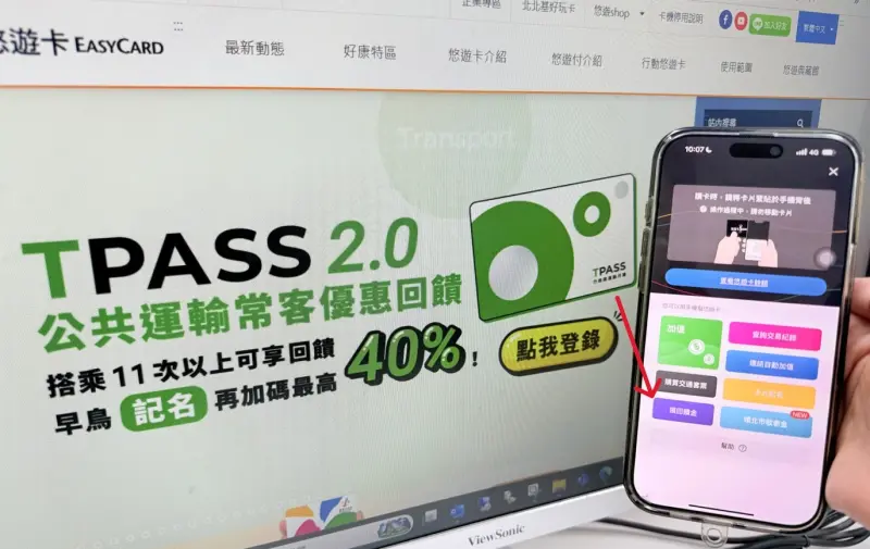 ▲民眾開啟悠遊付Easy Wallet APP，進入「悠遊卡加值機」，將超級悠遊卡輕靠於手機背面上方，即可隨時隨地領取TPASS2.0常客回饋金或領取交通部公路局補助的100元購卡金。（圖／悠遊卡公司提供）