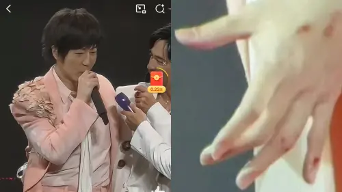 ▲阿信返回舞台後自嘲失意，手部傷勢曝光。（圖／劉子堯、新浪娛樂微博）