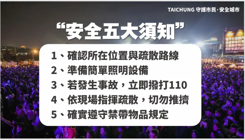    ▲台中市政府提醒民眾，參與大型活動時注意安全5大須知。（圖／台中市政府提供，2025.12.23）  