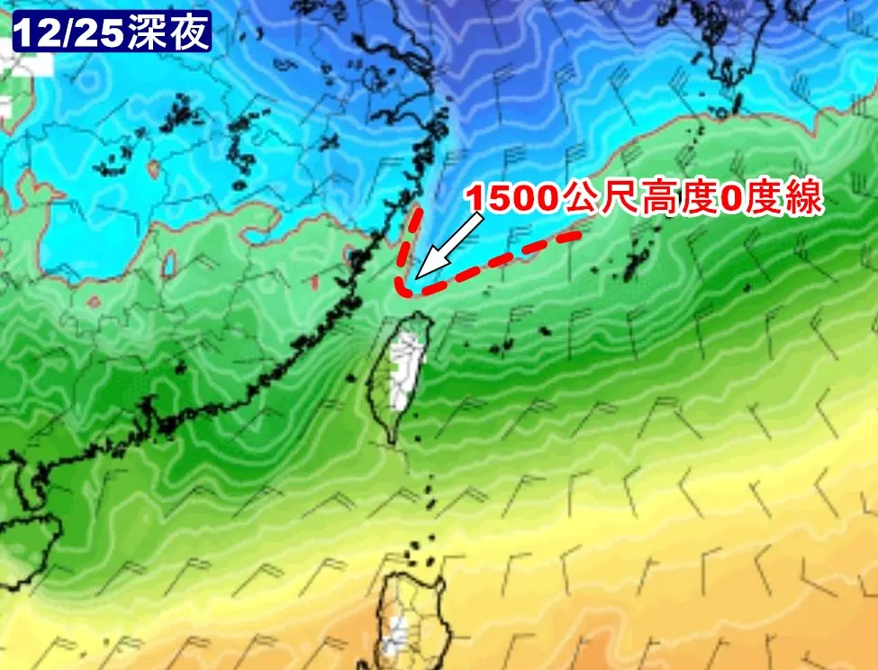 ▲明天聖誕節深夜（12月25日），「1500公尺高度0度線」將接近台灣北海岸，全台越晚越冷。（圖／觀氣象看天氣臉書）