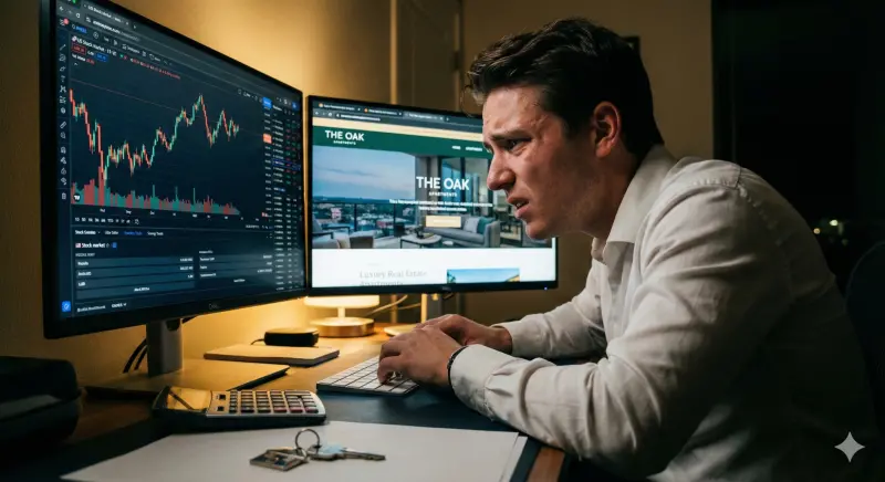 ▲深夜的理財長考！左螢幕是波動的美股，右螢幕是夢想的新家。這張照片完美捕捉了當代 25 歲高薪族，面對「守住股票退休金」還是「賣股搶進房市」時的真實焦慮。資深代銷一句「業內都早買」，是否能讓他下定決心？（示意圖／AI生成）