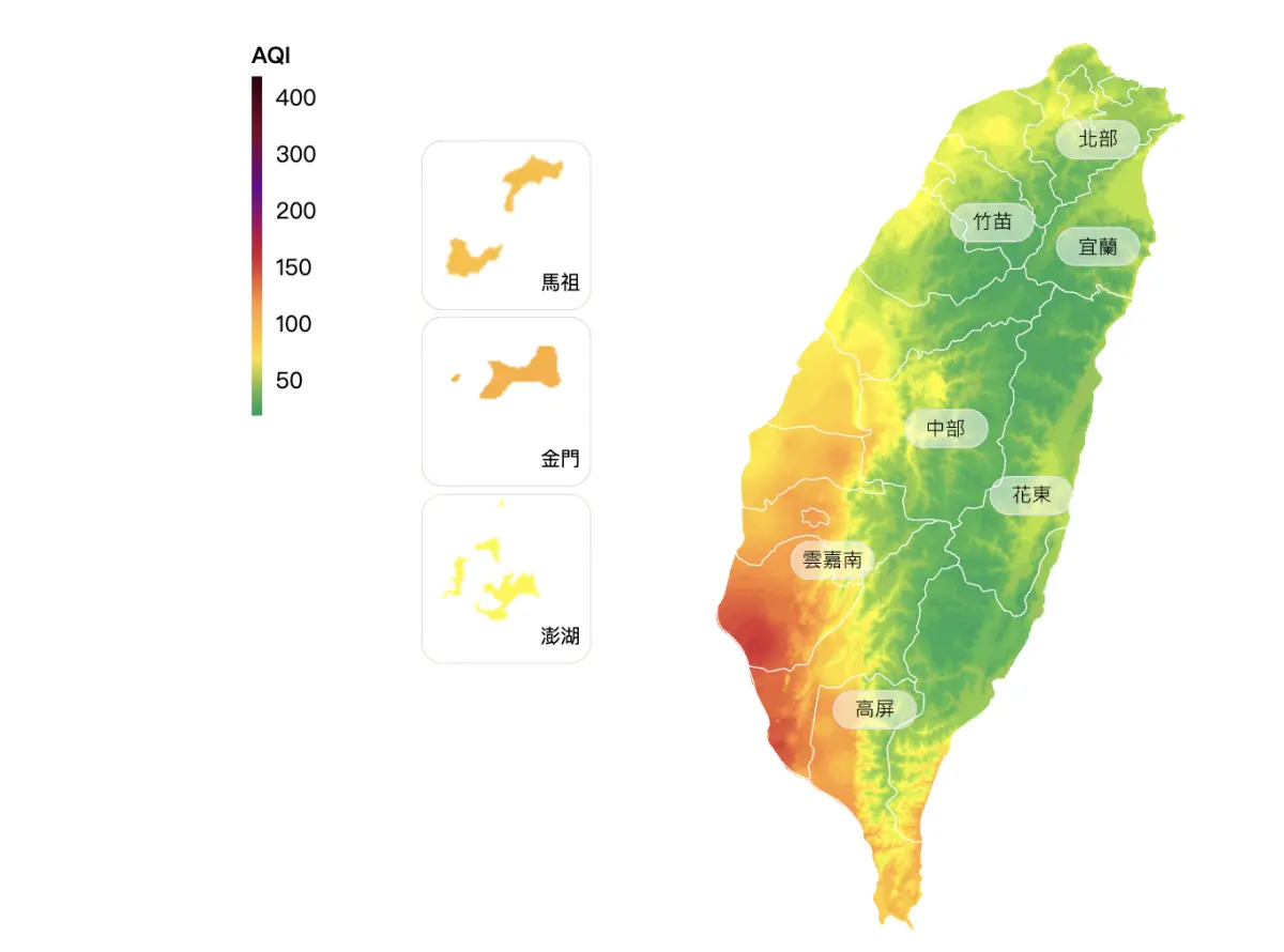 ▲受東北風影響，風速微弱且濕度高，台灣中南部污染物容易累積，空氣品質較差。（圖／環境部airtw.moenv.gov.tw）