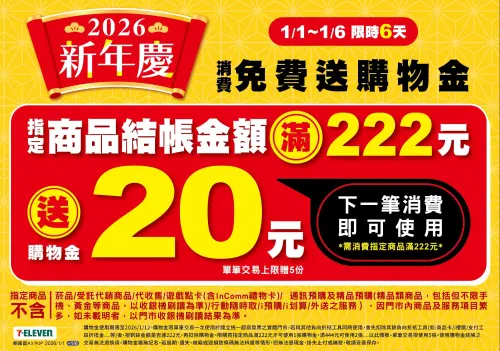 ▲7-11門市自2026年1月1日至6日連續六天推出新年慶優惠活動，購買全店指定商品每滿222元送20元購物金。（圖／7-11.com.tw）