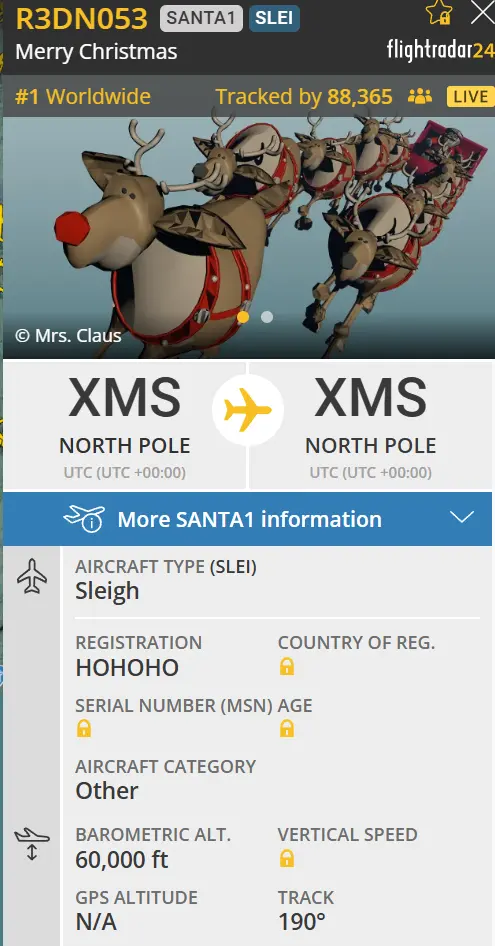 ▲聖誕老人飛行器為雪橇，航班號碼為R3DN053，航空則是Merry Christmas，代號為HOHOHO，全球數萬人持續追蹤他的動態。（圖／Flightradar24）