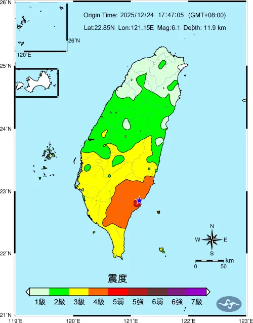 ▲17:47分台東卑南鄉發生芮氏規模6.1地震，最大震度「5弱」。（圖／中央氣象署提供cwa.gov.tw）