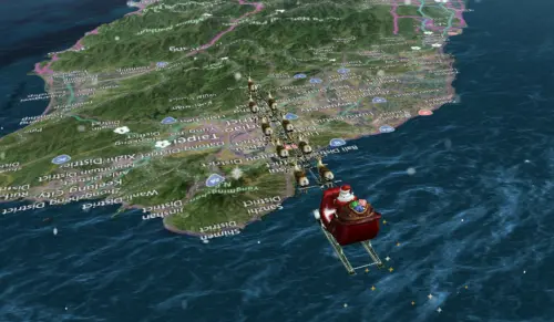 ▲北美防空司令部（NORAD）聖誕老公公追蹤器，以3D模型模擬他在空中飛翔的畫面，聖誕老公公雪橇在台灣時間24日晚間22點41分抵達台灣台北上空。（圖／NORAD）