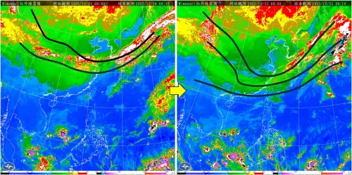 ▲吳聖宇指出，原本在大陸長江流域的雲雨帶整個往南壓，靠近到台灣北部區域，導致聖誕節水氣增多、苗栗以北降雨持續。（圖／天氣職人-吳聖宇臉書）