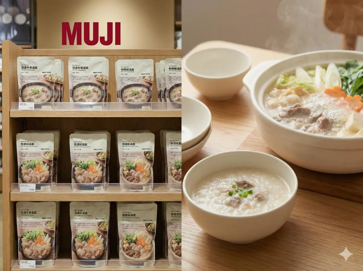 ▲寒流來襲，無印良品「火鍋湯底」系列憑藉均一價 89 元的高 CP 值成為小資族首選。圖為網友票選冠軍「雪濃牛骨湯底」，不僅能煮火鍋，還能變身濃郁燉飯，是 2025 冬天必買的隱藏版美食。（圖／AI生成）