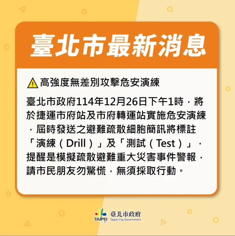    ▲北捷市府站危安事件實兵演練，將發送細胞簡訊。（圖／北市府提供）  
