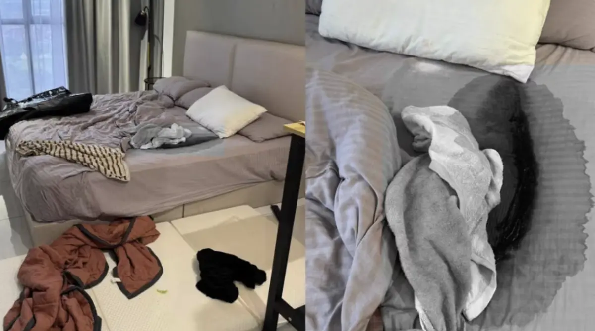 ▲馬來西亞一名民宿業者在房客退房後，發現床褥與床單沾染大量紅色液體。（圖／翻攝自中國報）