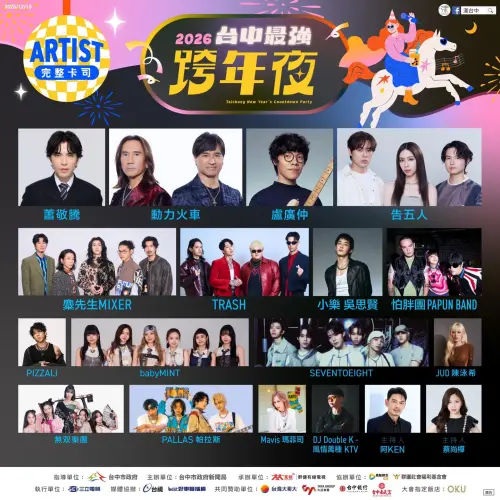 ▲台中跨年晚會卡司有蕭敬騰、動力火車、盧廣仲、告五人、麋先生等。（圖／台中市政府提供）