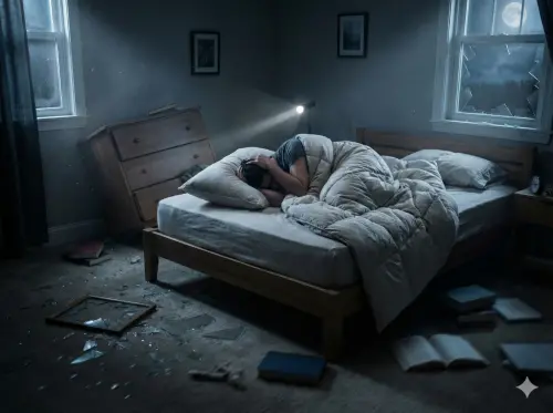 ▲正確的床上地震避難方式是：留在床上保持縮短姿勢，並隨手抓起棉被或枕頭遮蓋頭部與頸部，直到搖晃完全停止。（示意圖／AI生成）