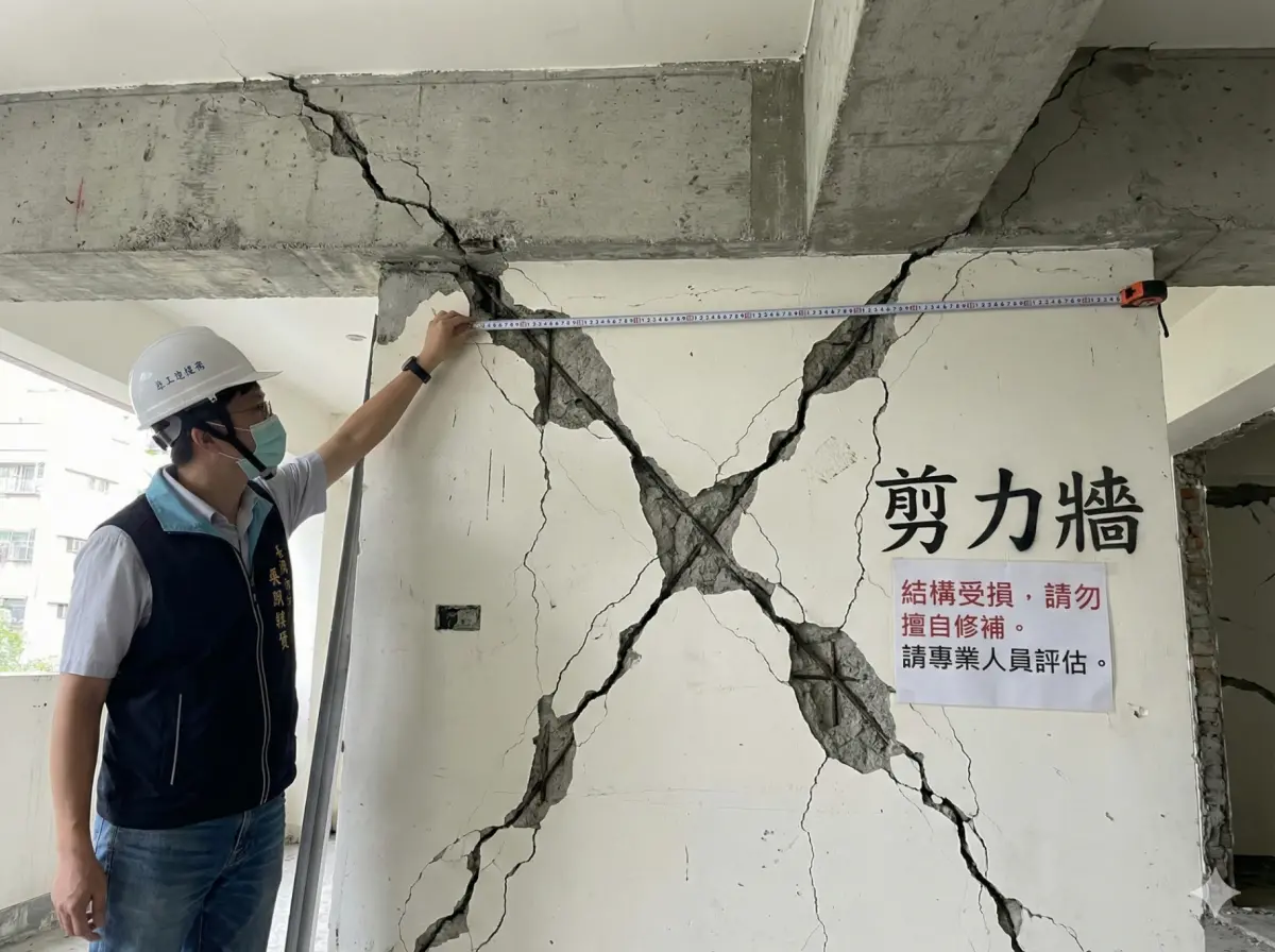 ▲結構技師示警，地震後應優先檢查梁柱與剪力牆。若出現如圖所示的「X型」或斜向交叉裂縫（寬度超過 0.2 公分），代表房屋結構可能已受損，應立即請專業人員評估，切勿擅自修補掩蓋。（圖／AI 生成示意圖）