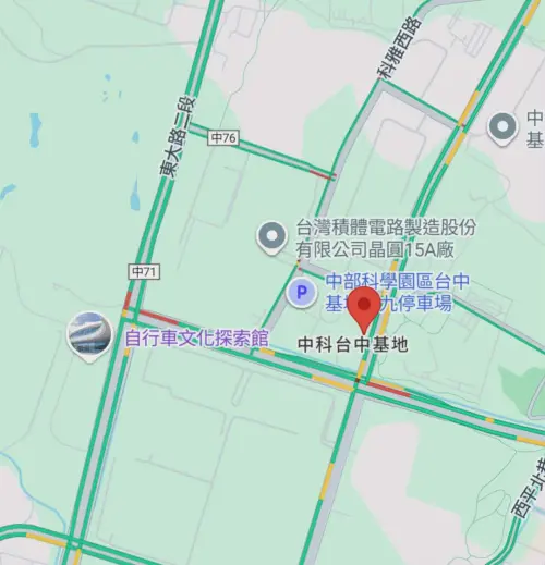 ▲除了疏散的竹科周邊出現車潮，中部科學園區的中科路、東大路二段，南部科學園區的南科七路、環西路二段均有出現部分車潮。（圖／取自Google地圖）