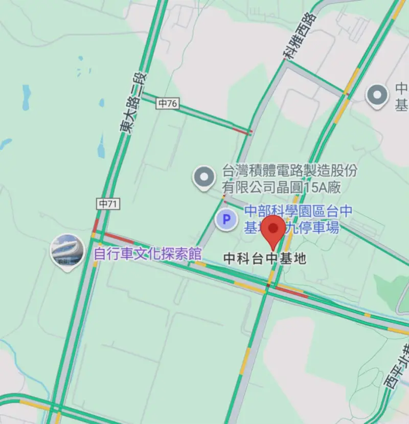    ▲除了疏散的竹科周邊出現車潮，中部科學園區的中科路、東大路二段，南部科學園區的南科七路、環西路二段均有出現部分車潮。（圖／取自Google地圖）  