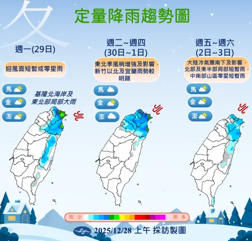 ▲今天水氣變少，除了基隆北海岸、大台北山區、東半部有零星短暫雨外，其餘各地回歸多雲天氣。（圖／中央氣象署cwa.gov.tw）