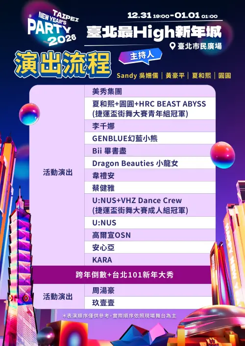 ▲台北2026跨年晚會「台北最High新年城」演唱會流程、卡司順序曝光。（圖／翻攝自台北旅遊網FB）
