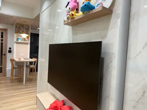 ▲為了解決電視牆太窄的問題，他們把廁所門（電視左邊）做成隱藏門。（圖／記者張家瑋攝）