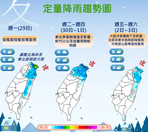 ▲周一基隆北海岸、宜蘭注意局部大雨，周二過後冷空氣影響，降雨集中在北台灣和東半部，其它地區多雲。（圖／中央氣象署cwa.gov.tw）