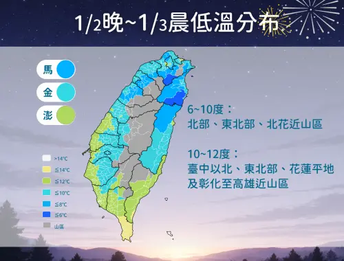 ▲強烈大陸冷氣團影響，周五晚間至周六清晨氣溫最低，北部近山區低溫6至8度。（圖／中央氣象署cwa.gov.tw）