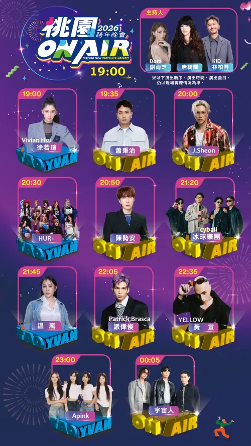 ▲2026桃園跨年晚會有韓團Apink、天后徐若瑄、温嵐以及YELLOW黃宣、宇宙人等大咖接力登台演唱。（圖／2026桃園ON AIR跨年晚會）