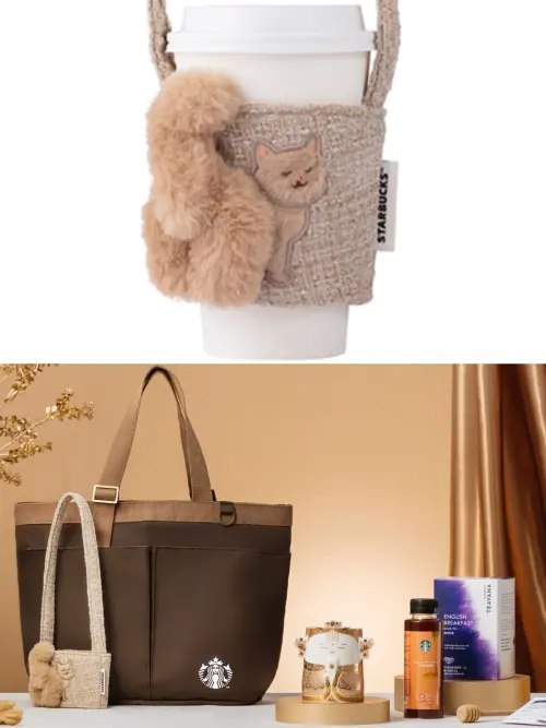 ▲2026「金生保佑新春禮」除了有超萌金貓咪尾巴便利單杯提袋，還有金色媽祖馬克杯、拼色尼龍可調節提背袋。（圖／星巴克starbucks.com.tw）