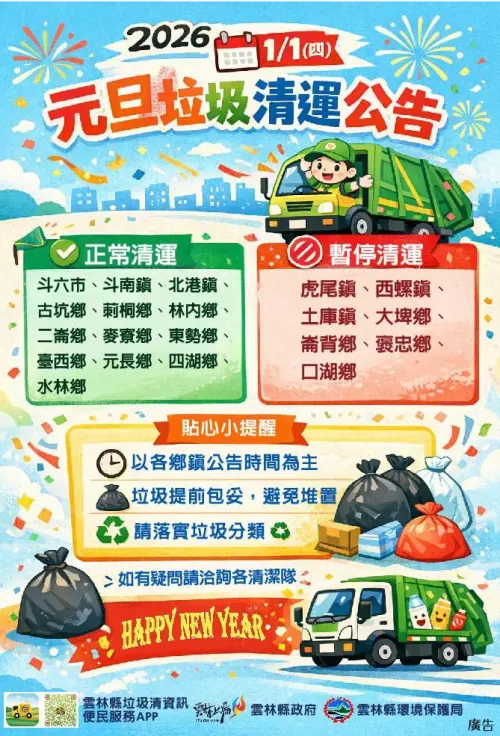 ▲1/1元旦國定假日放假一天，雲林縣虎尾鎮、西螺鎮、土庫鎮、大埤鄉、崙背鄉、褒忠鄉、口湖鄉垃圾車沒有收。（圖／雲林縣環保局提供）