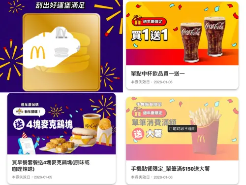 ▲麥當勞APP週年慶最新「買一送一」加碼大放送，新年迎滿福刮刮樂天天抽2次優惠券。（圖／翻攝自麥當勞APP）
