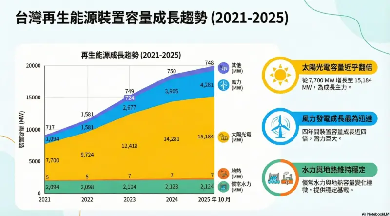    ▲據能源署2025年10月統計，光電僅有15.1GW，落後目標4分之1；風電4.2GW，距離目標1.4GW；地熱7MW，即便能源署曾在2022年將地熱目標從200MW縮減至20MW，也遠遠落後65%。（資料來源：能源署　記者鍾泓良、Google NotebookLM製表）  