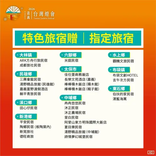▲「2026台灣燈會在嘉義」指定旅宿業者一覽（圖／取自漫遊嘉義臉書www.facebook.com/chiayitravel）