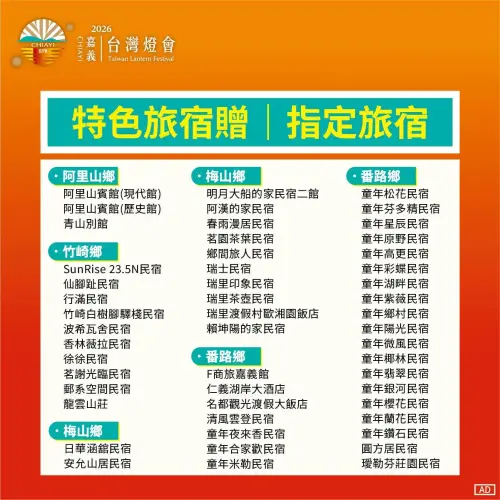 ▲「2026台灣燈會在嘉義」指定旅宿業者一覽（圖／取自漫遊嘉義臉書www.facebook.com/chiayitravel）