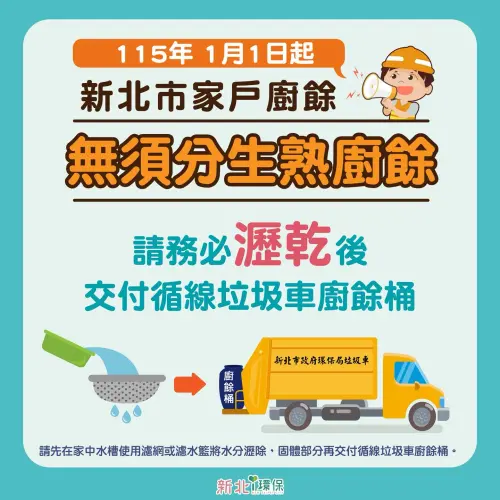 ▲ 2026 年起，台北市與新北市簡化廚餘分類，不再區分養豬廚餘或堆肥廚餘，僅需瀝乾水分後，統一倒入垃圾車後方的廚餘桶即可。（圖／新北市環保局提供）